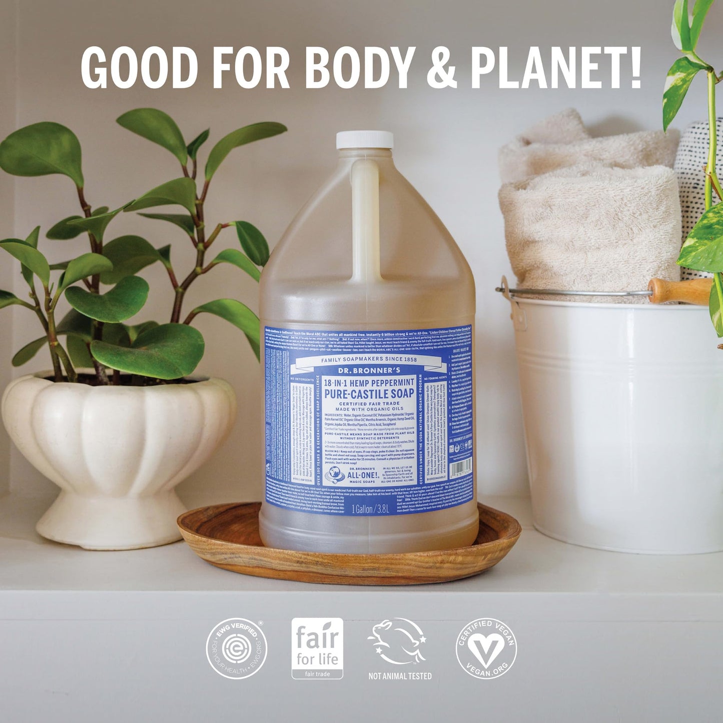 Dr. Bronner's Pure-Castile Magic Soap Liquid (Peppermint, 1 Gallon) – Made with Regenerative Organic Certified Oils - For Face, Hair, Laundry, Dishes- Hand Soaps & Body Wash
