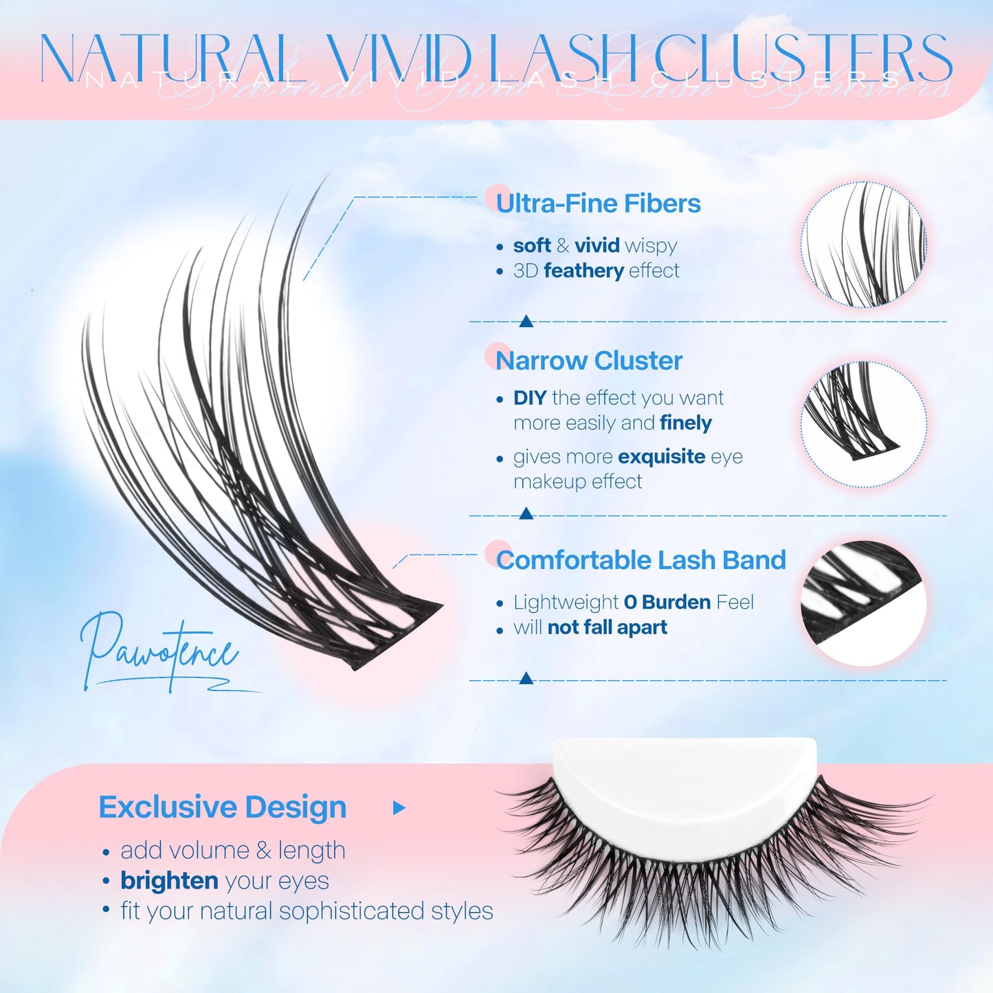 Pawotence Lash Clusters Kit Wispy Lash Extension Kit Natural 180pcs Cluster Eyelash Extensions Kit Individual Lashes 8-16mm Eyelash Clusters Kit with Lash Cluster Bond Seal and Lash Tweezers