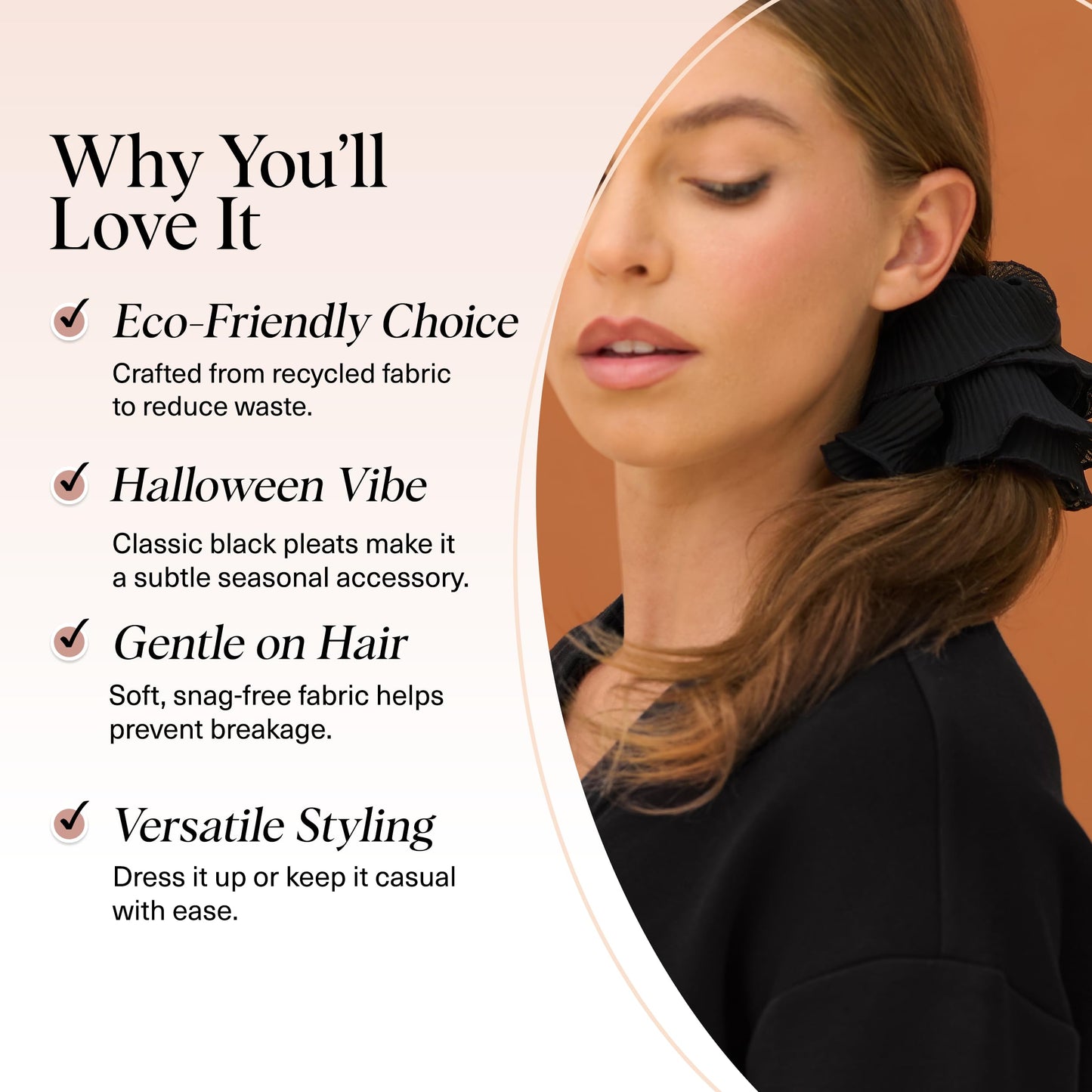 Kitsch Recycled Fabric Pleated Scrunchie – Halloween Hair Scrunchie for Women’s Hair – Chic Hair Accessories & Halloween Accessories – Sustainable Scrunchie for Women - Black
