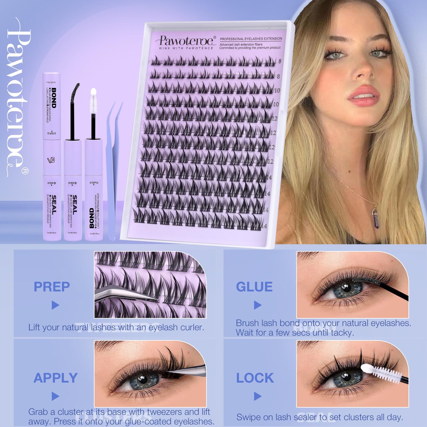 Pawotence Manga Lash Clusters Kit Fairy Eyelash Clusters 8-14mm Natural Lash Extension Kit Individual Lashes Cluster Wispy with Lash Bond and Seal, Tweezers Cluster Eyelash Extensions Kit