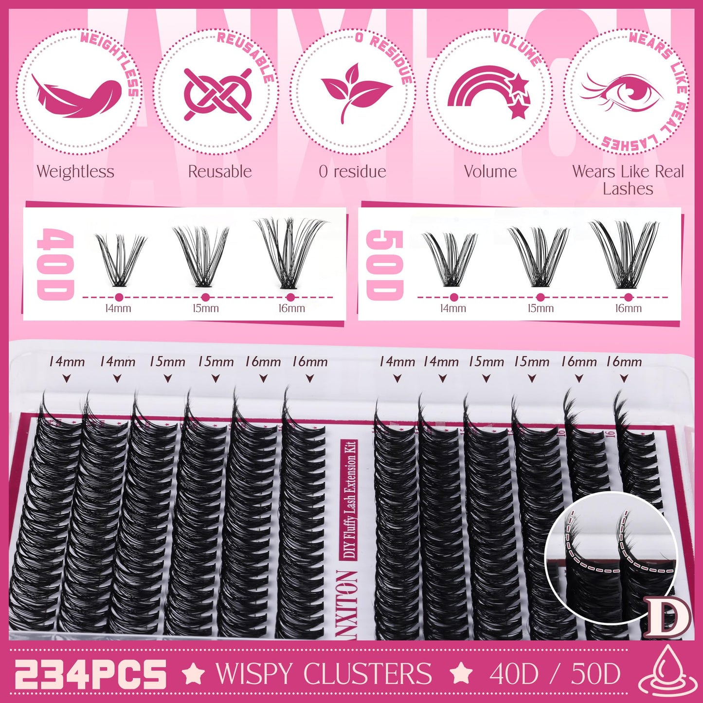 Cluster Lashes 240 pcs Wispy Lash Clusters D Natural Eyelashes Extensions 14-16mm Mix 40D+50D Individual Lashes with Lash Bond and Seal Tweezers Thin Band Eyelashes Cluster for DIY Lash Extension