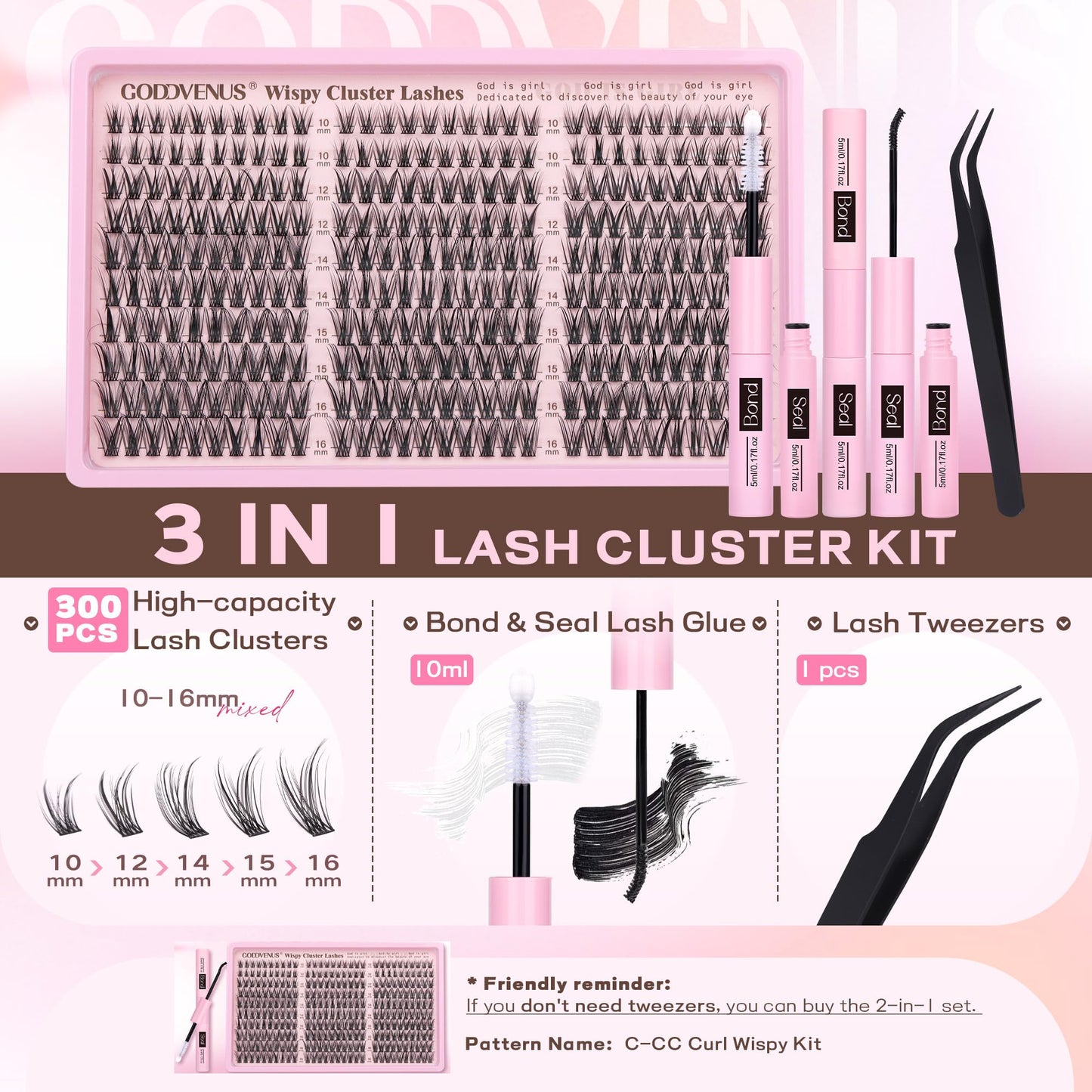 Goddvenus Lash Clusters Kit Wispy Eyelash Clusters Lashes Natural DIY Lash Extension Kit 10-16mm Cluster Eyelash Extensions Kit 300pcs C Curl Individual Lashes Cluster Eyelash (With Tweezers)
