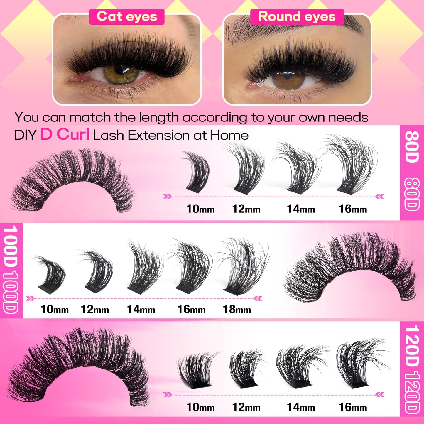 Lash Clusters Kit Thick Lash Extension Kit D Volume Lash Clusters 80D+100D+120D Eyelash Clusters 10-18mm Eye Wispy Individual Lashes with Bond and Seal