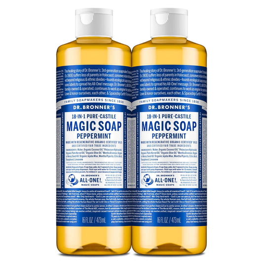 Dr. Bronner's Magic Soap-Pure-Castile Liquid Soap (Peppermint, 16 ounce, 2-Pack)-Regenerative Organic Certified Oils, 18-in-1 Uses: Body, Hair, Laundry, Pets & Dishes, Concentrated, Vegan, Non-GMO