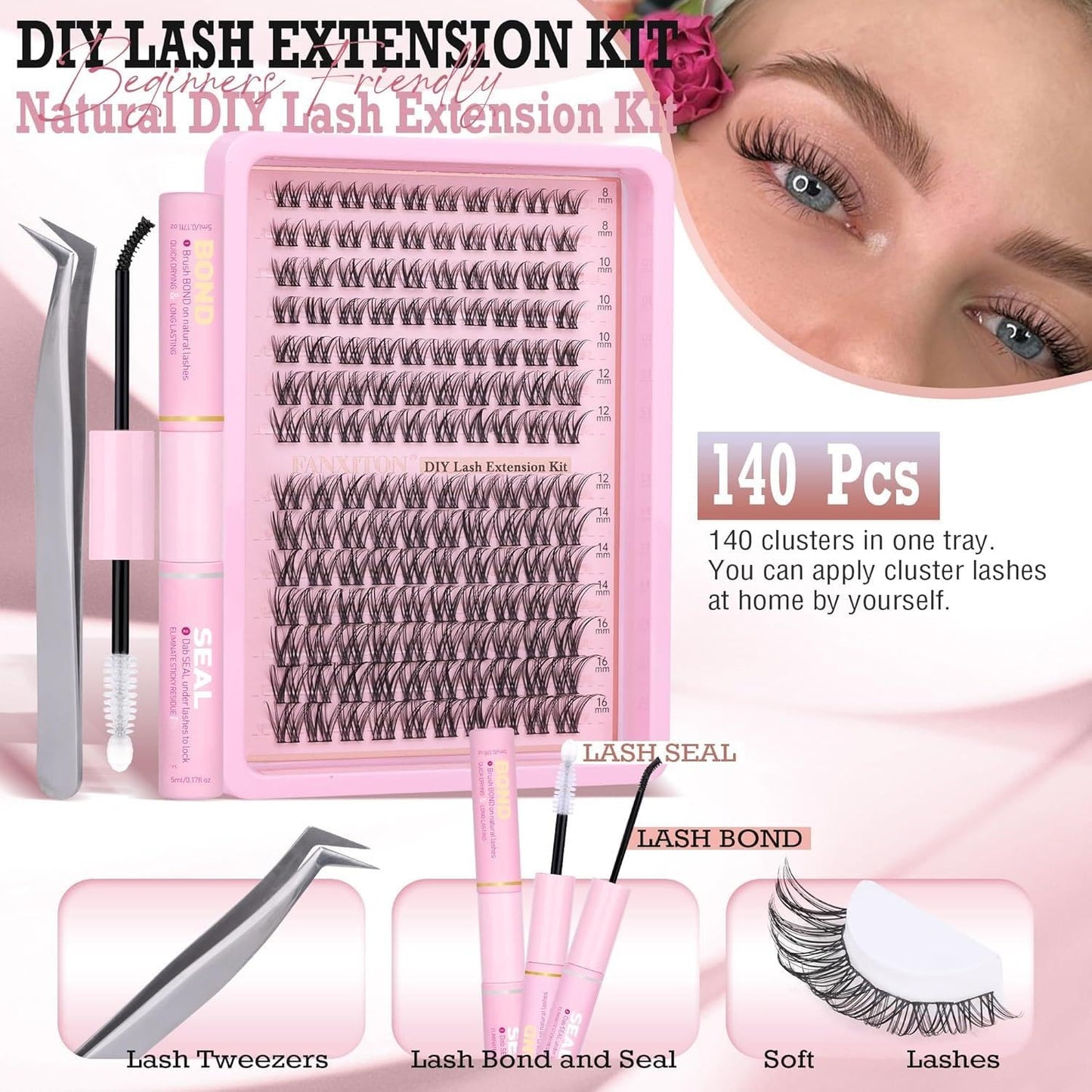 Natural Lash Extension Kit 8-16mm Lash Clusters Wispy Eyelash Clusters Sweatproof Lash Clusters C Cluster 144pcs with Bond and Seal Lash Glue and Eyelash Extension Tweezers DIY at Home