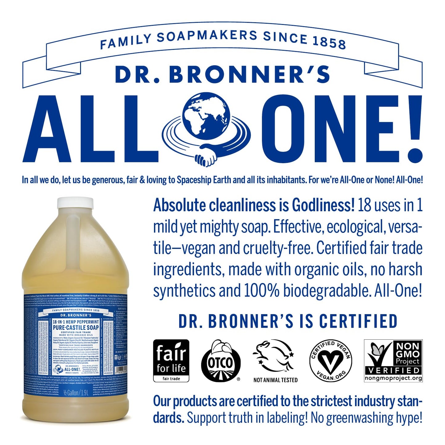 Dr. Broner’s- Pure-Castile Magic Liquid Soap (Peppermint 64,oz)- Made with Regenerative Organic Certified Oils- For Hand, Body, Face, Laundry, Pets & Dishes- Concentrated, Vegan, Non-GMO