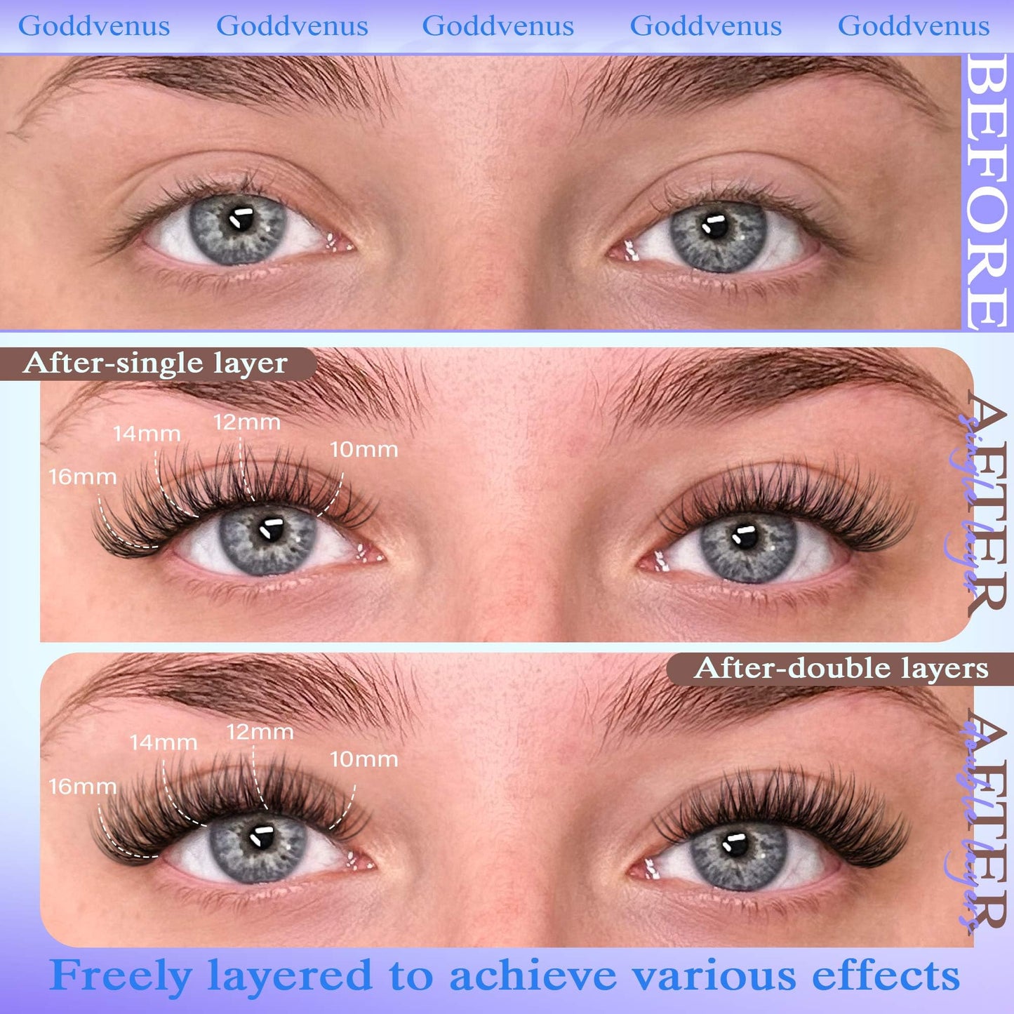 Goddvenus Wispy Lash Clusters 10-16mm Lashes Clusters Eyelash Extensions Natural Individual Lashes 144pcs D Curl Lash Extension DIY Soft Comfortable Eyelash Clusters with Cotton Band