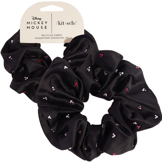 Kitsch & Mickey/Minnie Fabric Rhinestone Scrunchies for Girls and Women, Hair Scrunchies for All Hair Types, Recycled Polyester, Perfect for Updo or Half Up Ponytail (Black) - 1 Piece