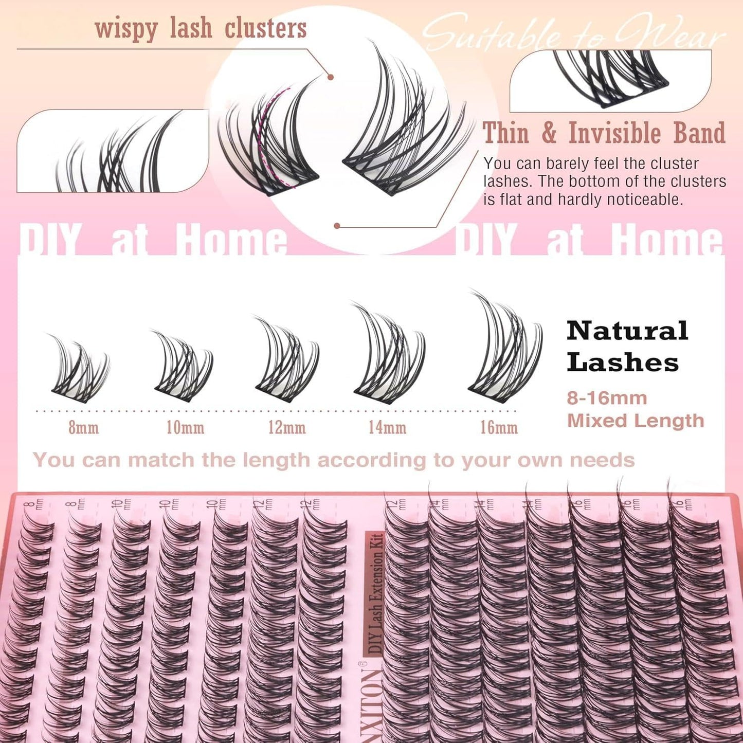 Natural Lash Extension Kit 8-16mm Lash Clusters Wispy Eyelash Clusters Sweatproof Lash Clusters C Cluster 144pcs with Bond and Seal Lash Glue and Eyelash Extension Tweezers DIY at Home