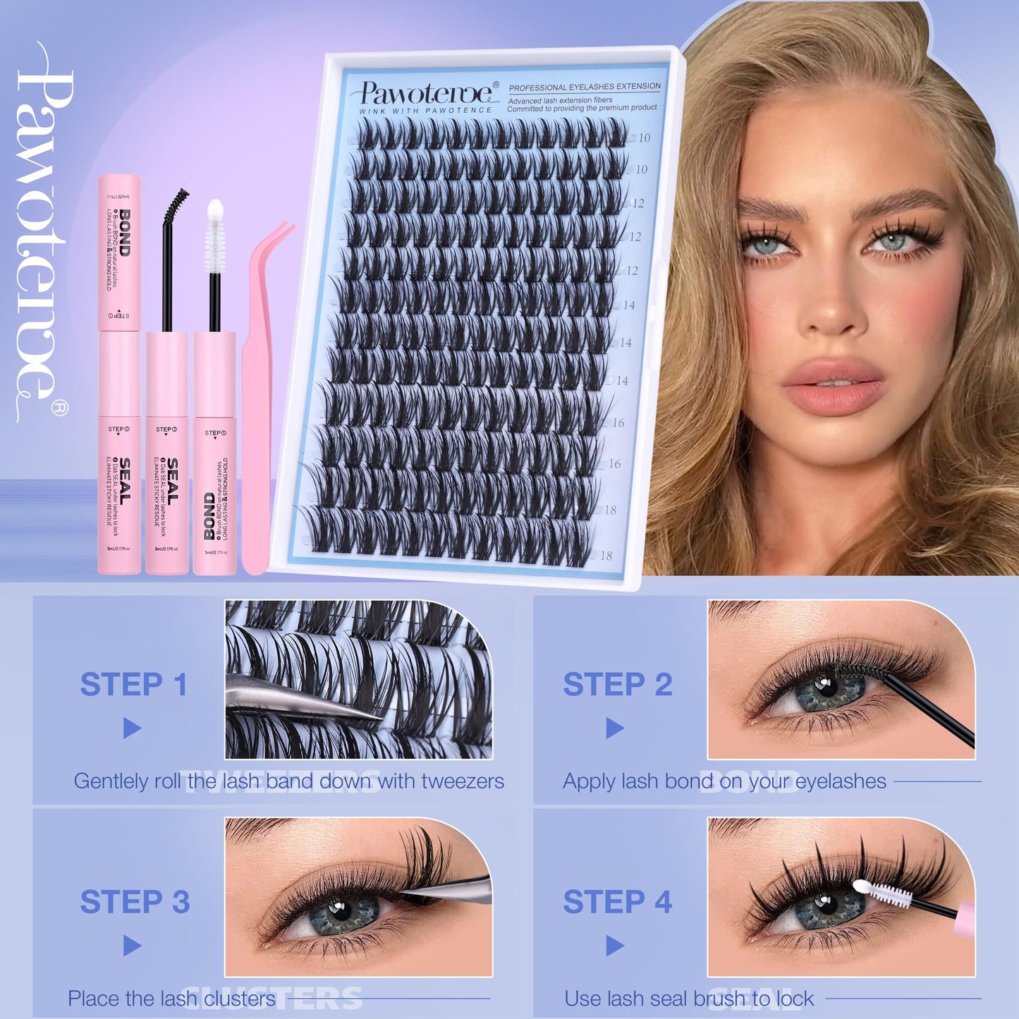 Pawotence Fairy Lash Clusters Kit Eyelash Clusters 10-18mm Wispy Lashes Clusters Eyelash Extension Kit 144pcs Natural Individual Lashes with Lash Bond and Seal, Tweezers, DIY Lash Extension Kit