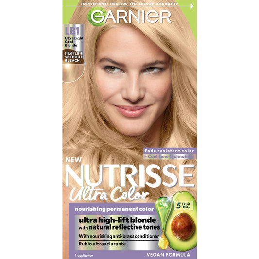 Garnier Hair Color Nutrisse Ultra Color Nourishing Creme, LB1 Ultra Light Cool Blonde (Calla Lily) Permanent Hair Dye, 1 Count (Packaging May Vary)