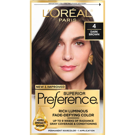 L'Oreal Paris Superior Preference Fade-Defying + Shine Permanent Hair Color, 4 Dark Brown, Pack of 1, Hair Dye