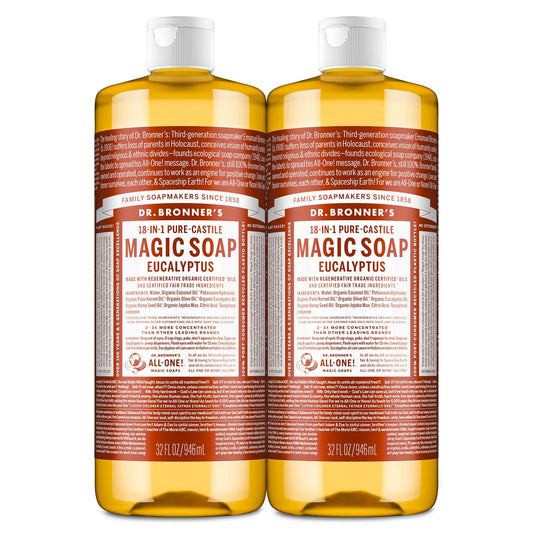 Dr. Bronner's Magic Soap - Pure-Castile Liquid Soap (Eucalyptus, 32 ounce, 2-Pack) -Regenerative Organic Certified Oils, 18-in-1 Uses: Body, Hair, Laundry, Pets & Dishes, Concentrated, Vegan, Non-GMO