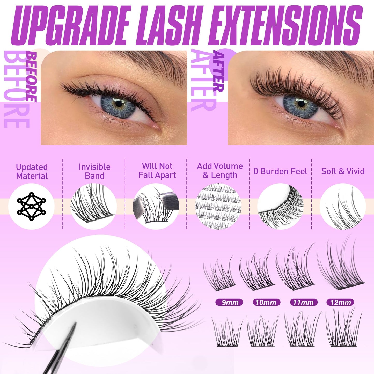 Pawotence Lash Extension Kit Wispy Lash Clusters Kit 9-12mm Natural Individual Lashes Kit 168pcs Cluster Eyelash Extension Kit with Lash Bond and Seal, Lash Applicator for Self Use
