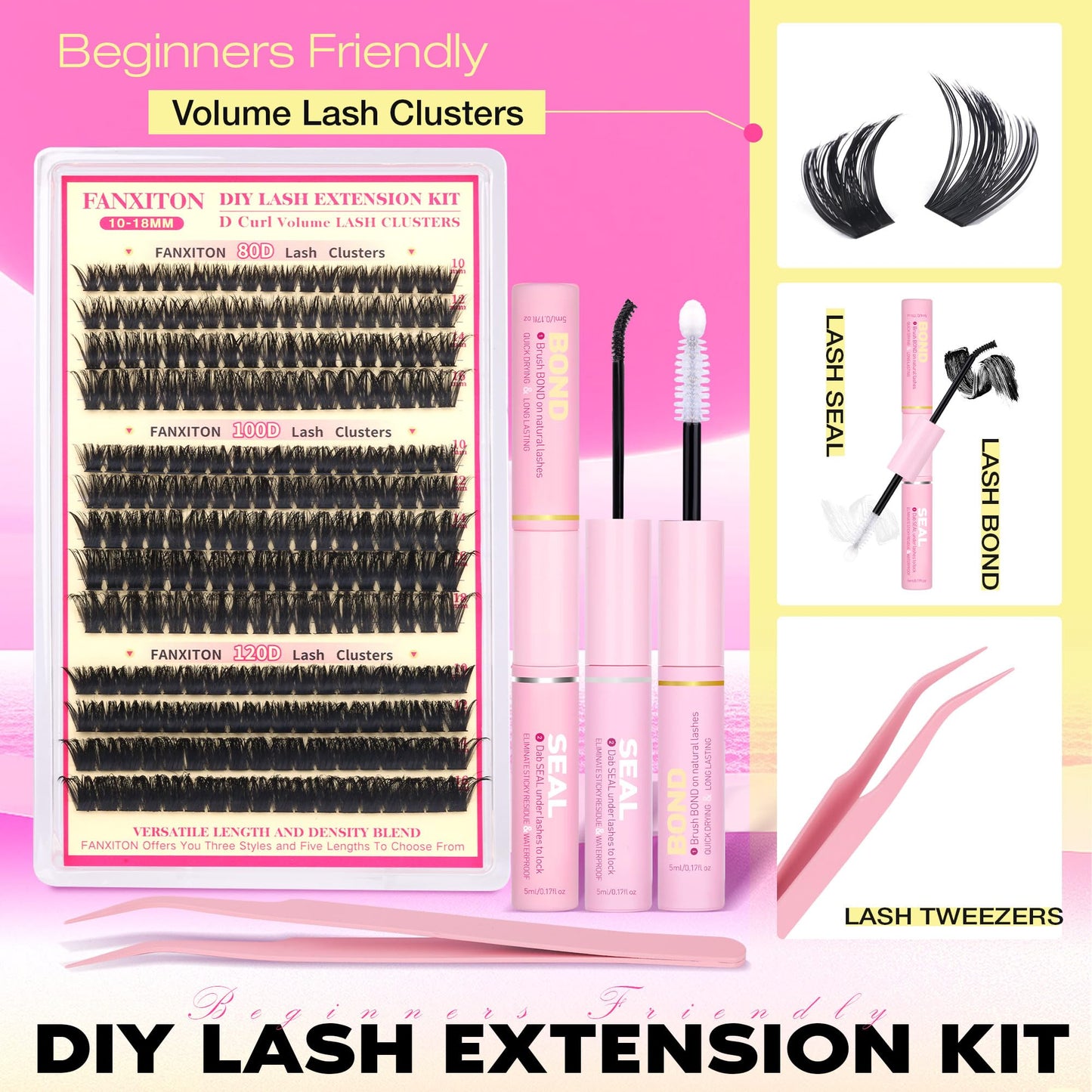 D Lash Clusters Kit Thick Lash Extension Kit Volume Lash Clusters 80D+100D+120D Eyelash Clusters Kit 10-18mm Individual Lashes with Bond and Seal by FANXITON