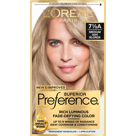 L'Oreal Paris Superior Preference Fade-Defying + Shine Permanent Hair Color, 7.5A Medium Ash Blonde, Pack of 1, Hair Dye
