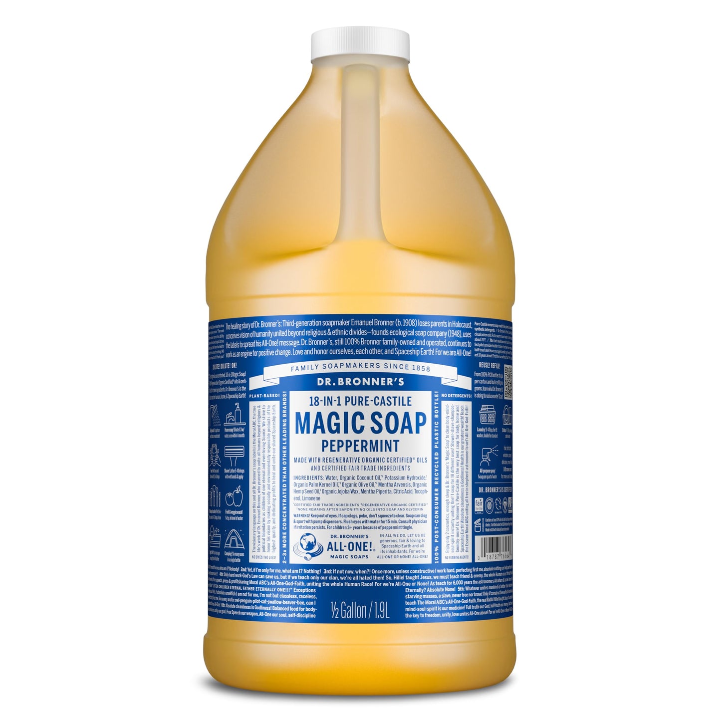 Dr. Broner’s- Pure-Castile Magic Liquid Soap (Peppermint 64,oz)- Made with Regenerative Organic Certified Oils- For Hand, Body, Face, Laundry, Pets & Dishes- Concentrated, Vegan, Non-GMO