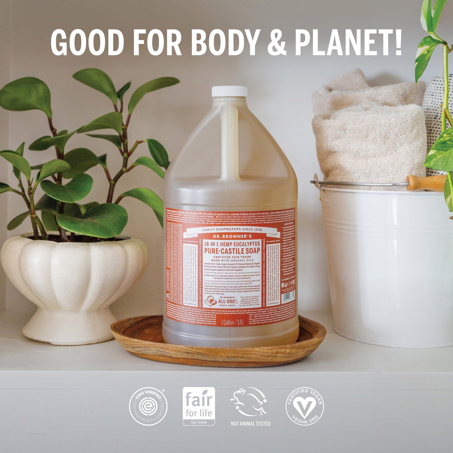 Dr. Bronner's Pure-Castile Magic Soap Liquid (Eucalyptus, 1 Gallon) - Made with Regenerative Organic Certified Oils, 18-in-1 Uses: Face, Body, Hair, Laundry, Pets and Dishes, Concentrated, Vegan