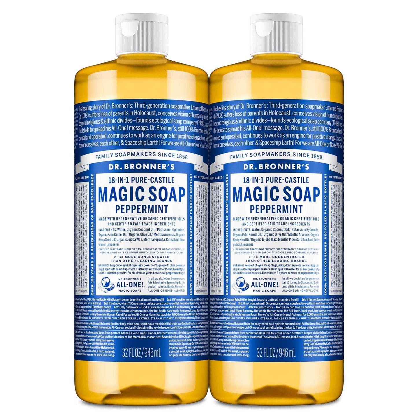 Dr. Bronner's Pure-Castile Magic Liquid Soap- Made with Regenerative Organic Oils- For Body, Face, Hair, Dishes, Pets, Laundry Natural, Vegan, Non-GMO - Peppermint, 32 oz (2-Pack)