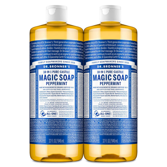 Dr. Bronner's Pure-Castile Magic Liquid Soap- Made with Regenerative Organic Oils- For Body, Face, Hair, Dishes, Pets, Laundry Natural, Vegan, Non-GMO - Peppermint, 32 oz (2-Pack)