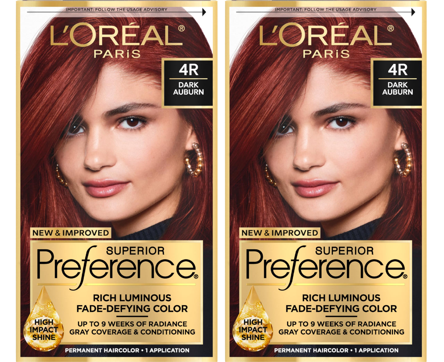 L'Oreal Paris Superior Preference Luminous Fade-Defying Permanent Hair Color, Hair Dye For Up to 9 Weeks of Radiance, Dark Auburn 4R, 1 Hair Dye Kit (Pack of 2)