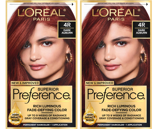 L'Oreal Paris Superior Preference Luminous Fade-Defying Permanent Hair Color, Hair Dye For Up to 9 Weeks of Radiance, Dark Auburn 4R, 1 Hair Dye Kit (Pack of 2)