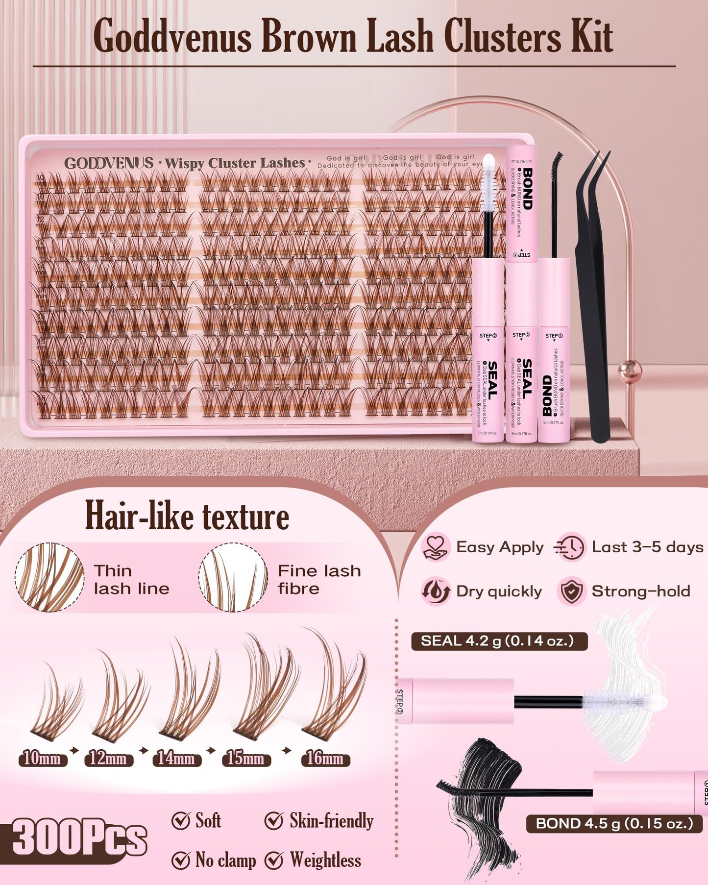 Brown Lash Clusters Kit Natural Look For Soft Glam 300Pcs Wispy Lashes Cluster Eyelash Cluster Extensions Kit C Curve Individual Lashes Extensions Kit For DIY Waterproof & Long - Lasting (10-16mm)