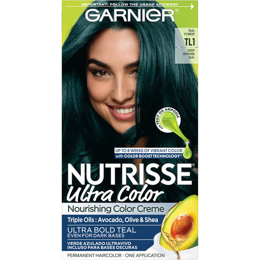 Garnier Nutrisse Ultra Nourishing Hair Color Creme with Triple Oils, Permanent Dye for 100 Percent Gray Coverage, Teal Forest TL1