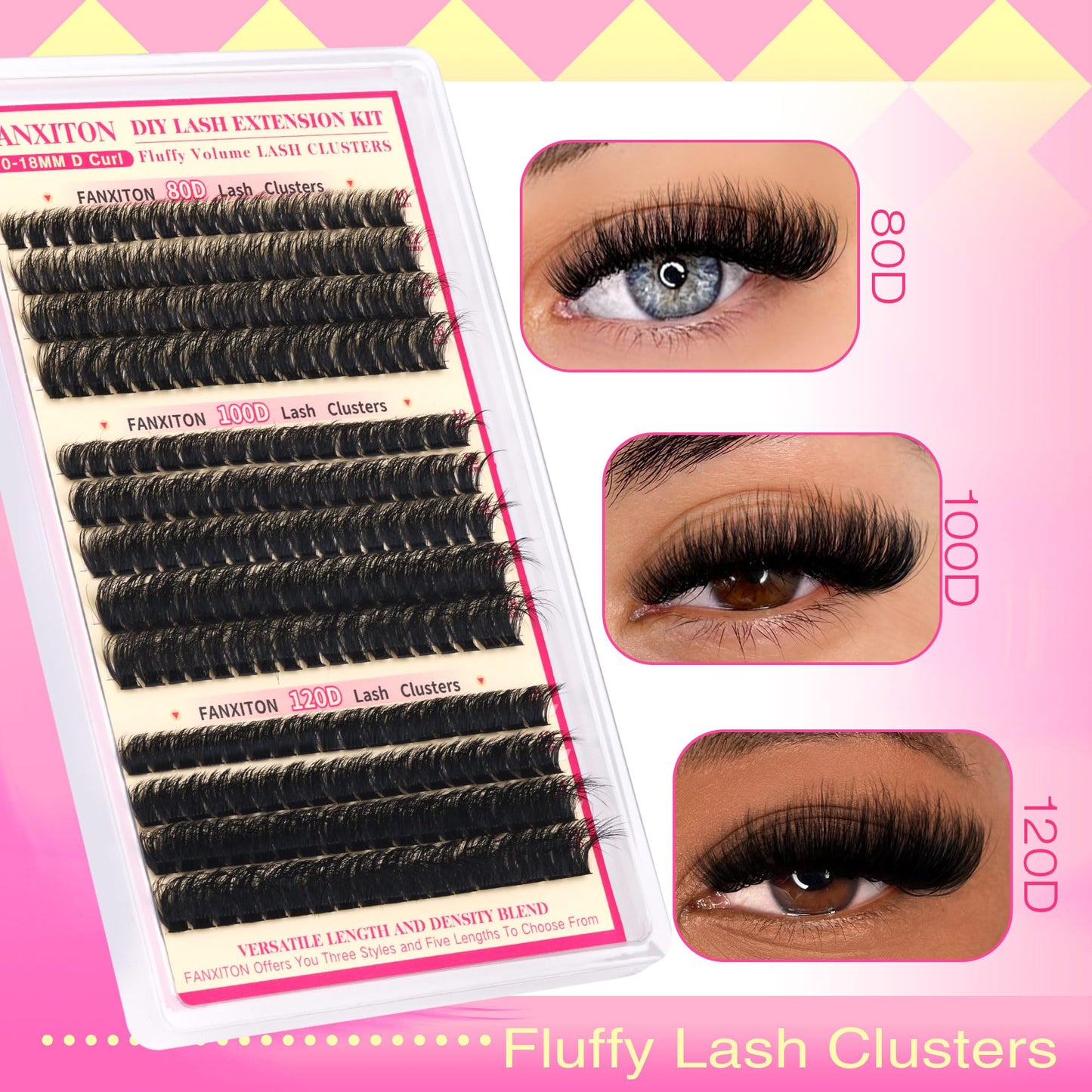 Lash Clusters Kit Thick Lash Extension Kit D Volume Lash Clusters 80D+100D+120D Eyelash Clusters 10-18mm Eye Wispy Individual Lashes with Bond and Seal