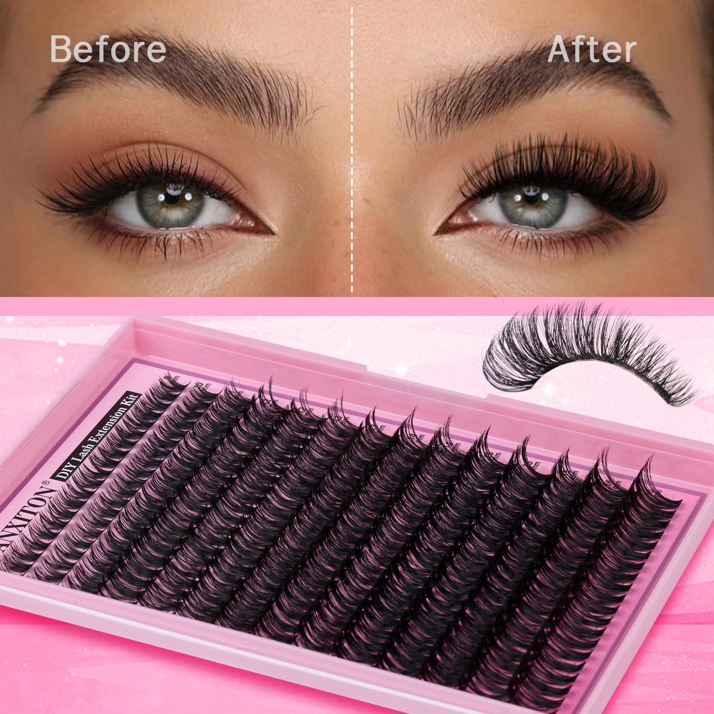FANXITON DIY Lash Extension Kit 50D D Individual Lashes Lash Clusters Kit Cluster Lashes Lash Bond and Seal and Lash Tweezers for Lash Clusters Kit DIY at Home