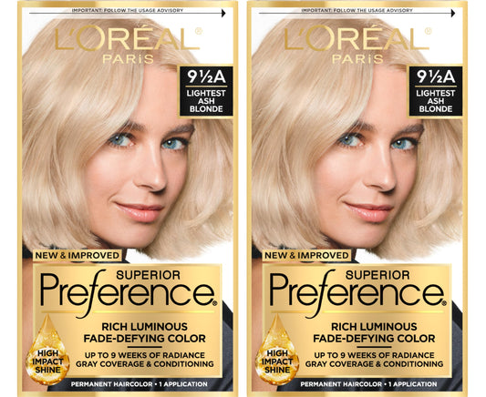 L'Oreal Paris Superior Preference Luminous Fade-Defying Permanent Hair Color, Hair Dye For Up to 9 Weeks of Radiance, Lightest Ash Blonde 9.5A, 1 Hair Dye Kit (Pack of 2)