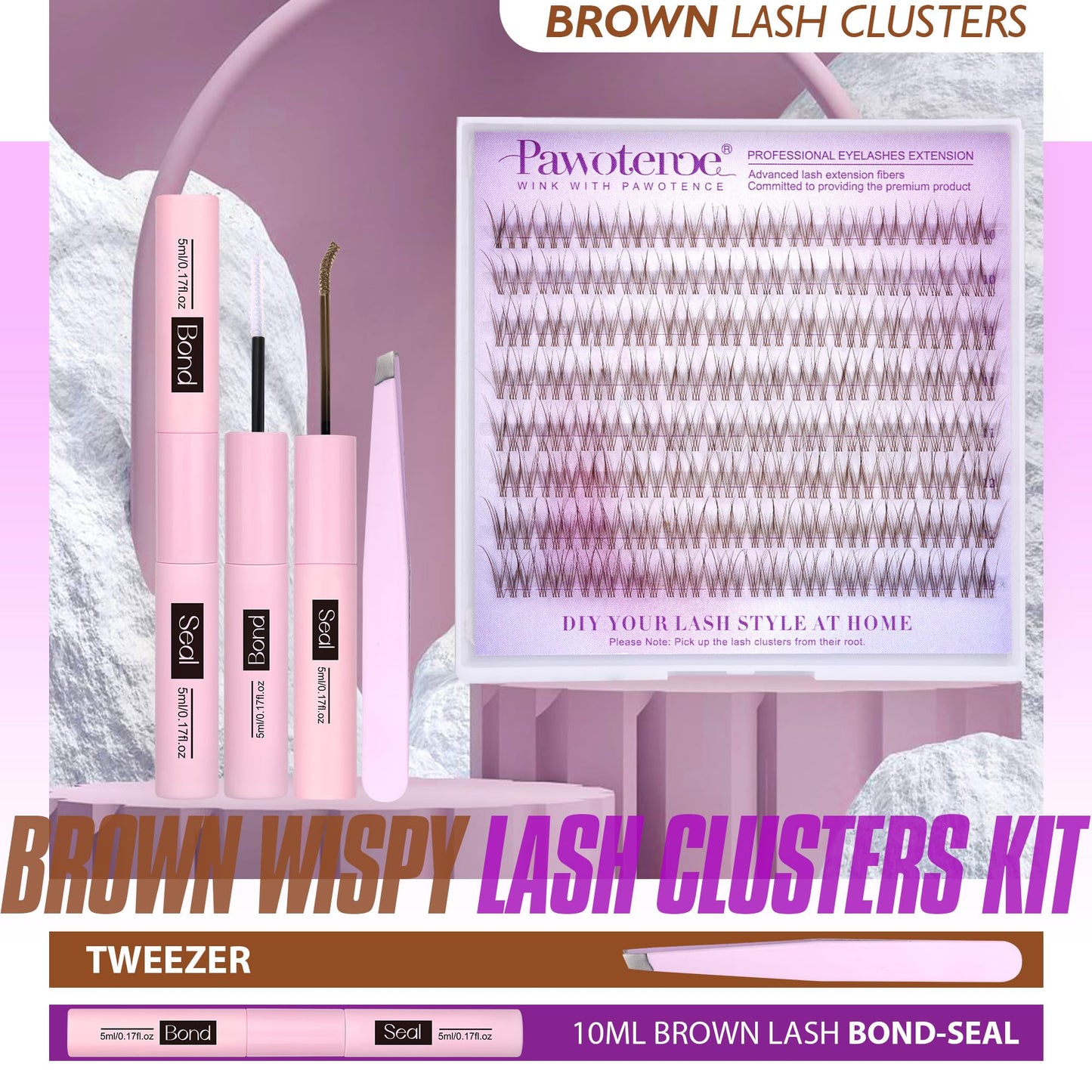 Pawotence Brown Lash Extension Kit Lash Clusters Wispy clear Band 10-12mm Individual Lashes Natural Brown Clusters Eyelash Extension Kit with Lash Bond and Seal, Lash Applicator for Self Use