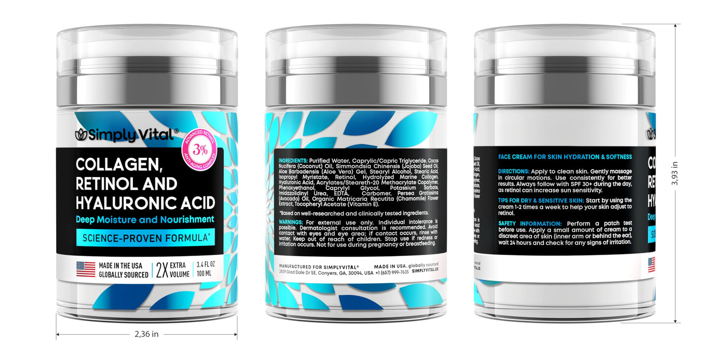 SimplyVital Collagen, Retinol & Hyaluronic Acid Cream - Anti-Aging Retinol Cream for Face, Neck & Décolleté - Made in USA - Daily Moisturizer Face Cream - 3.38 fl oz