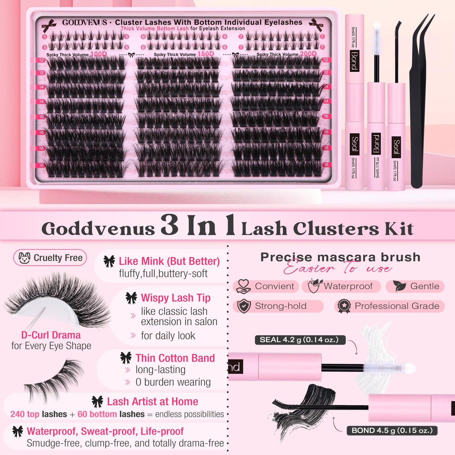 Fluffy Lash Clusters Kit Volume Cluster Eyelash Extensions Kit D Curl Waterproof Eyelash Clusters 240pcs Individual Lashes Full Faux Mink Cluster Lashes and 60pcs Bottom Lashes for DIY Lash Extension