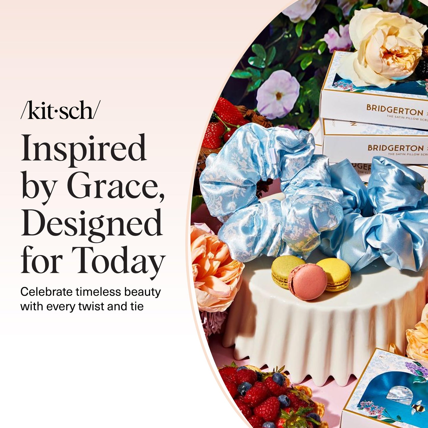 Bridgerton x Kitsch Satin Scrunchies for Women, No Snag, No Tugging, Soft & Comfortable Scrunchies for Girls, Perfect for Day or Night - Toile De Blue