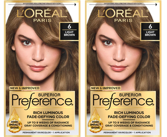 L'Oreal Paris Superior Preference Luminous Fade-Defying Permanent Hair Color, Hair Dye For Up to 9 Weeks of Radiance, Light Brown 6, 1 Hair Dye Kit (Pack of 2)