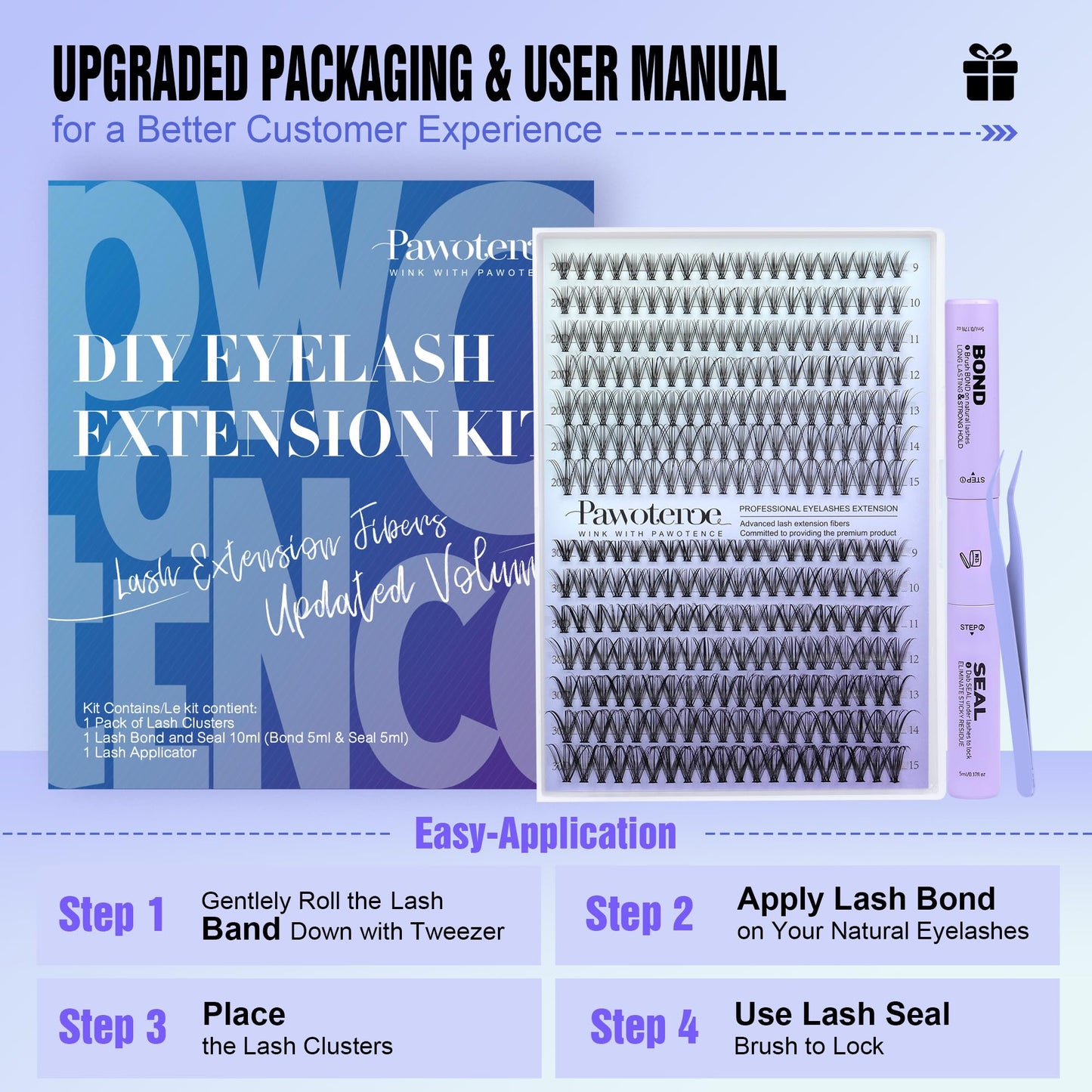 Pawotence Lash Extension Kit DIY 280pcs Individual Lash Clusters Kit 20D&30D Natural 9-15mm Cluster Eyelash Extensions Kit with Lash Bond and Seal, Tweezers for Self Use (20D&30D, 0.07D, 9-15mm, Kit)