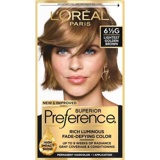 L'Oreal Paris Superior Preference Fade-Defying + Shine Permanent Hair Color, 6.5G Lightest Golden Brown, Pack of 1, Hair Dye