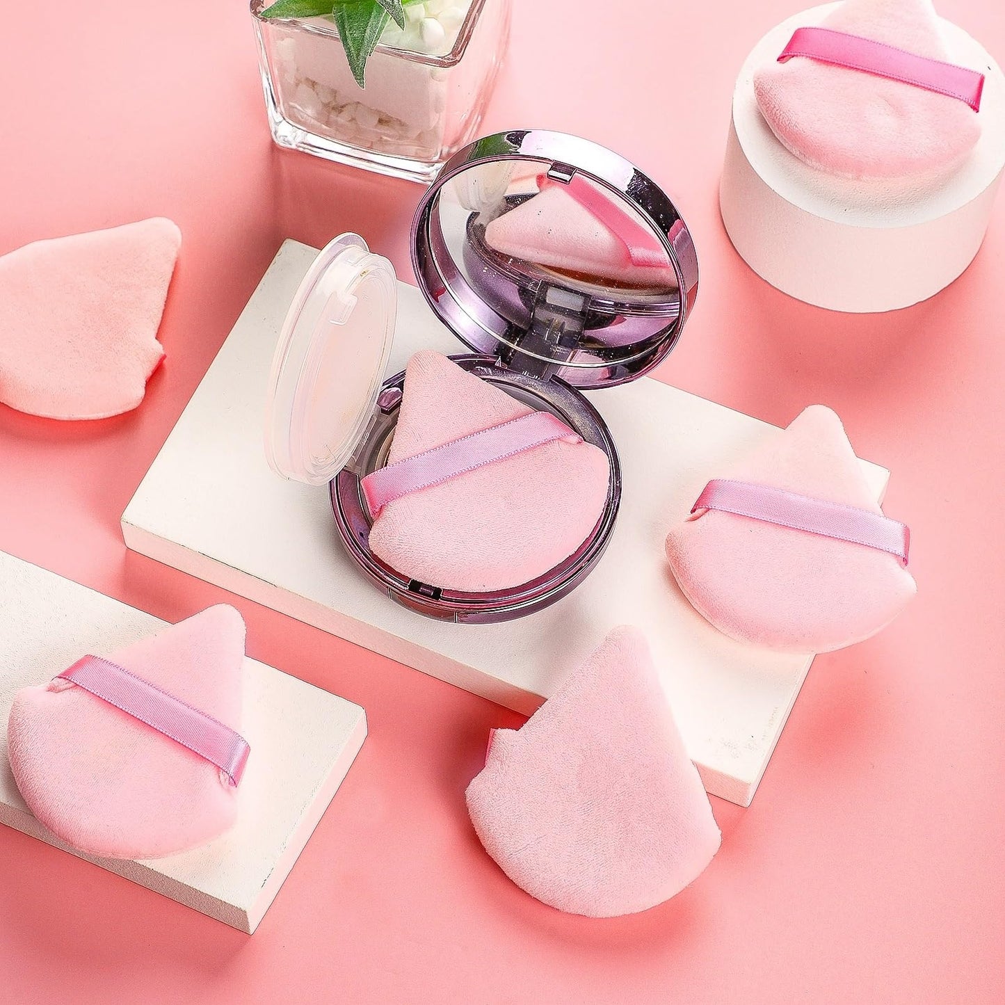 6 Pieces Pink Powder Puff Face Soft Triangle for Loose and Body Powder, Velour Makeup Sponge Set Setting Powder Puff Makeup Tools