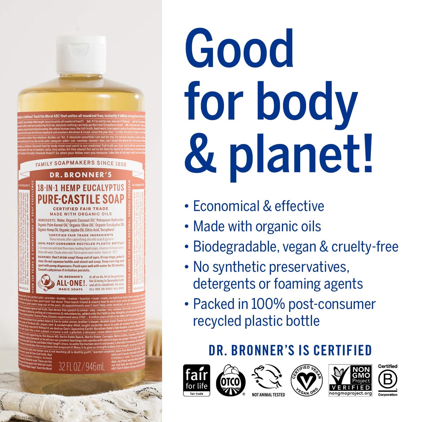 Dr. Bronner's Magic Soap - Pure-Castile Liquid Soap (Eucalyptus, 32 ounce, 2-Pack) -Regenerative Organic Certified Oils, 18-in-1 Uses: Body, Hair, Laundry, Pets & Dishes, Concentrated, Vegan, Non-GMO