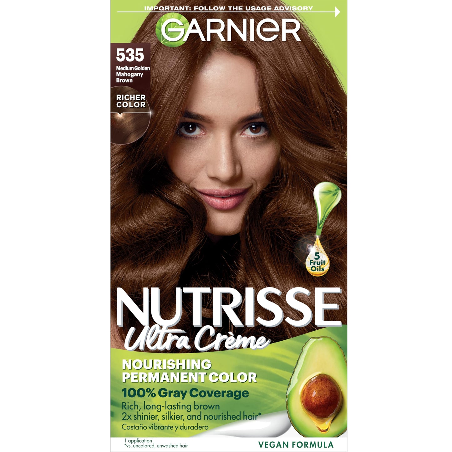 Garnier Hair Color Nutrisse Nourishing Creme, 535 Medium Golden Mahogany Brown (Chocolate Caramel) Permanent Hair Dye, 1 Count (Packaging May Vary)