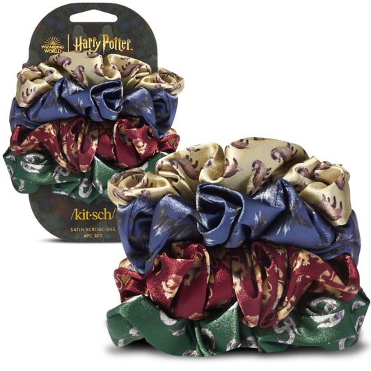 Harry Potter x Kitsch Satin Scrunchies - Softer Than Silk, Damage Free Hair Ties for Girls and Women, Featuring All House Crests - Hair Accessories for All Hair Types, Ideal for Daily Use - Set of 4