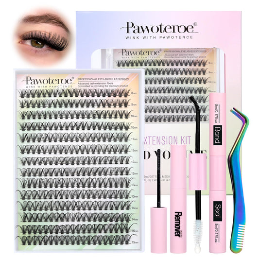 Pawotence Lash Extension Kit DIY 280pcs Individual Lash Clusters Kit 30D Cluster Eyelash Extensions Kit with Lash Bond and Seal, Lash Remover, Lash Tweezers for Self Use (30D, 8-15mm, All Kit)