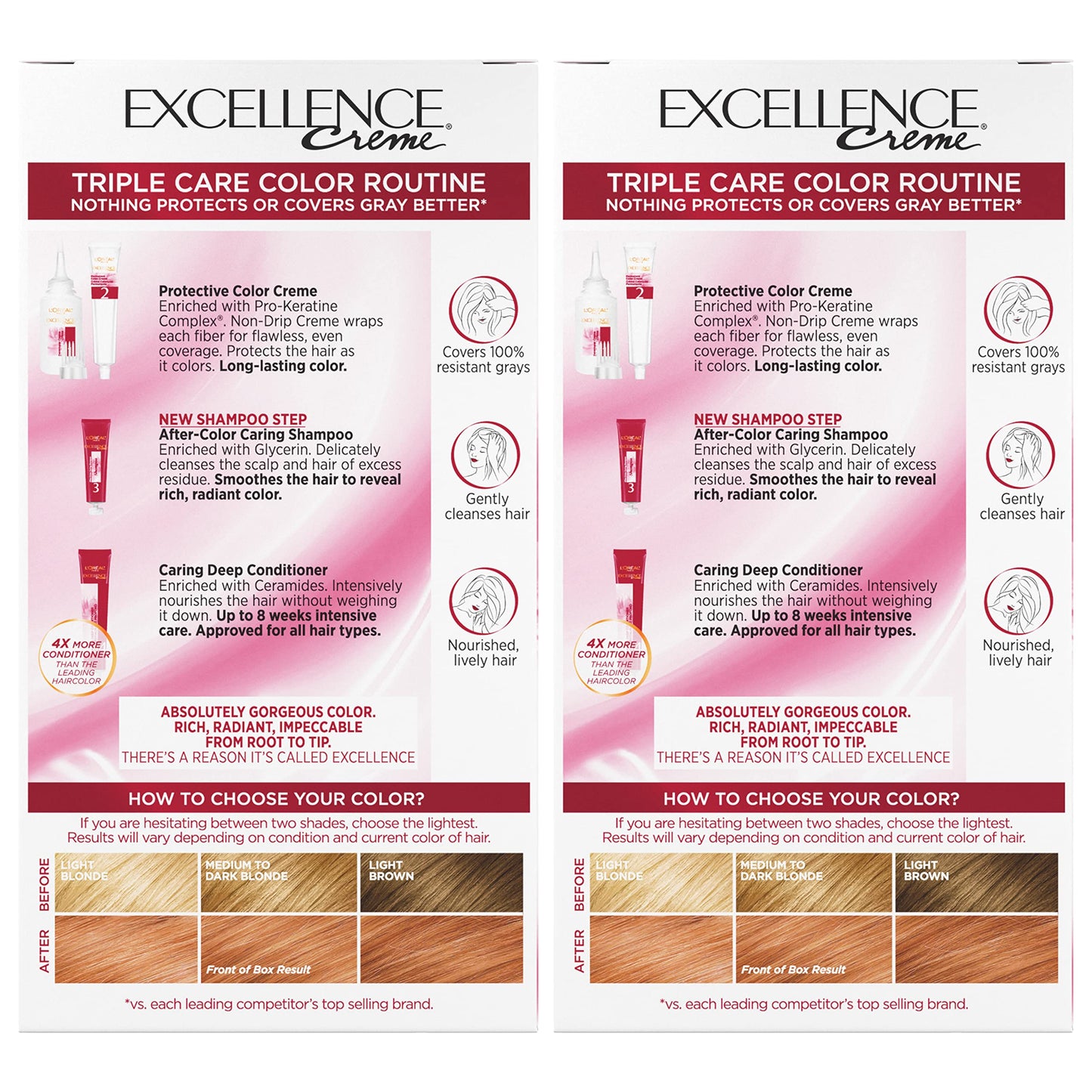 L'Oreal Paris Excellence Creme Permanent Hair Color, 8RB Medium Reddish Blonde, 100 percent Gray Coverage Hair Dye, Pack of 2