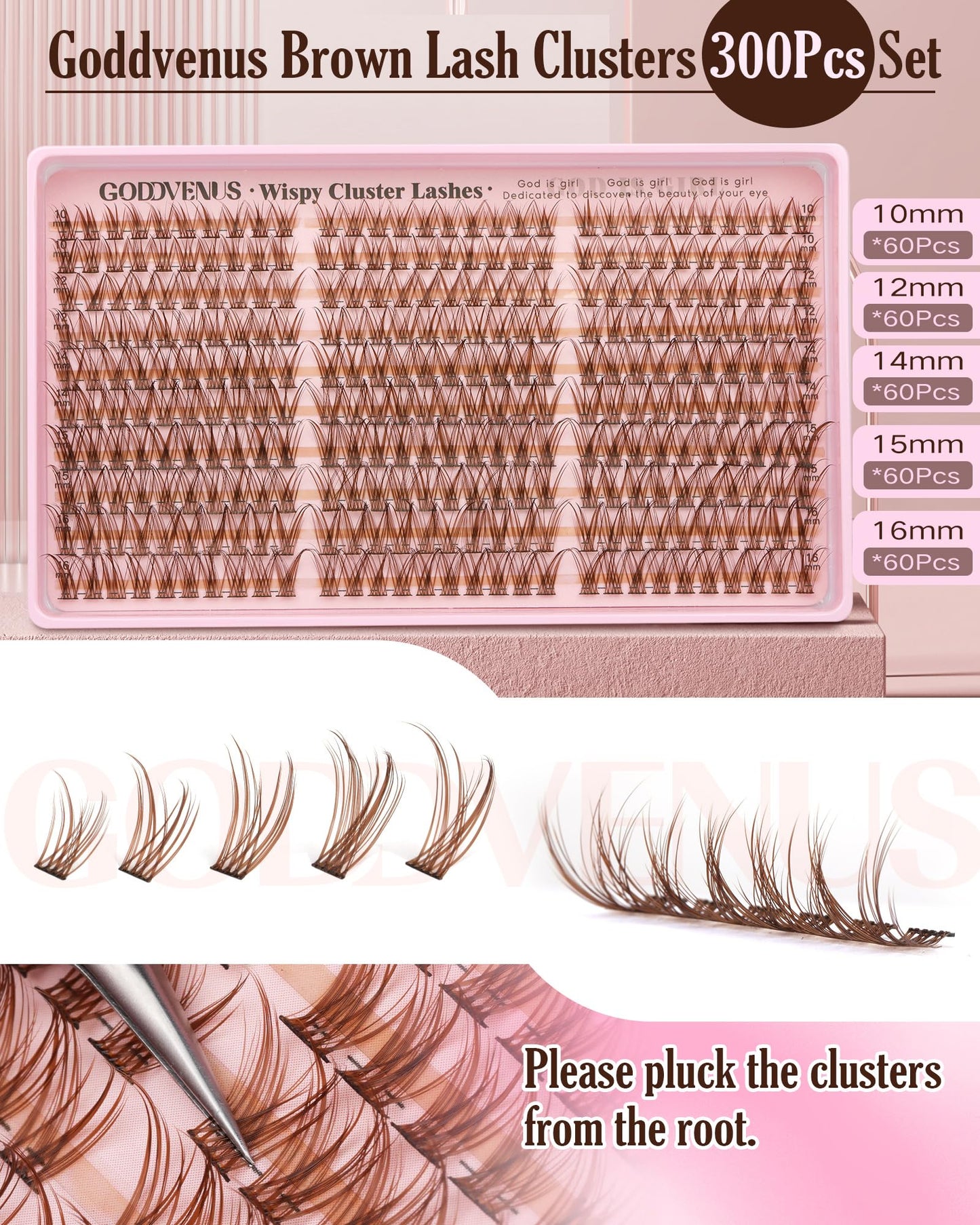 Brown Lash Clusters Natural For Soft Glam 300Pcs Wispy Lashes Cluster Eyelash Cluster Extensions C Curve Individual Lashes DIY Lash Extension Waterproof & Long - Lasting (10-16mm)