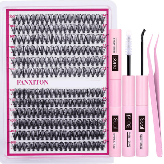 Cluster Lashes 240 pcs Wispy Lash Clusters D Natural Eyelashes Extensions 14-16mm Mix 30D+40D Individual Lashes Thin Band Lash Bond and Seal Tweezers for DIY Lash Extension Beginners