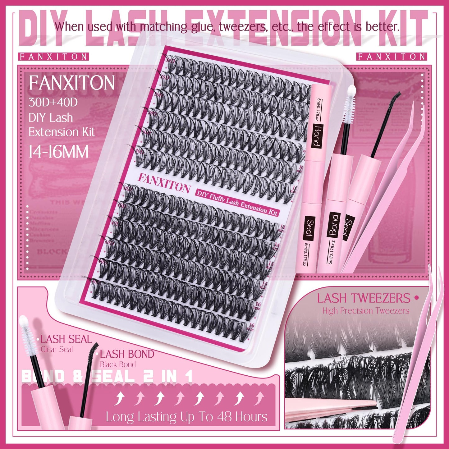 Cluster Lashes 240 pcs Wispy Lash Clusters D Natural Eyelashes Extensions 14-16mm Mix 30D+40D Individual Lashes Thin Band Lash Bond and Seal Tweezers for DIY Lash Extension Beginners