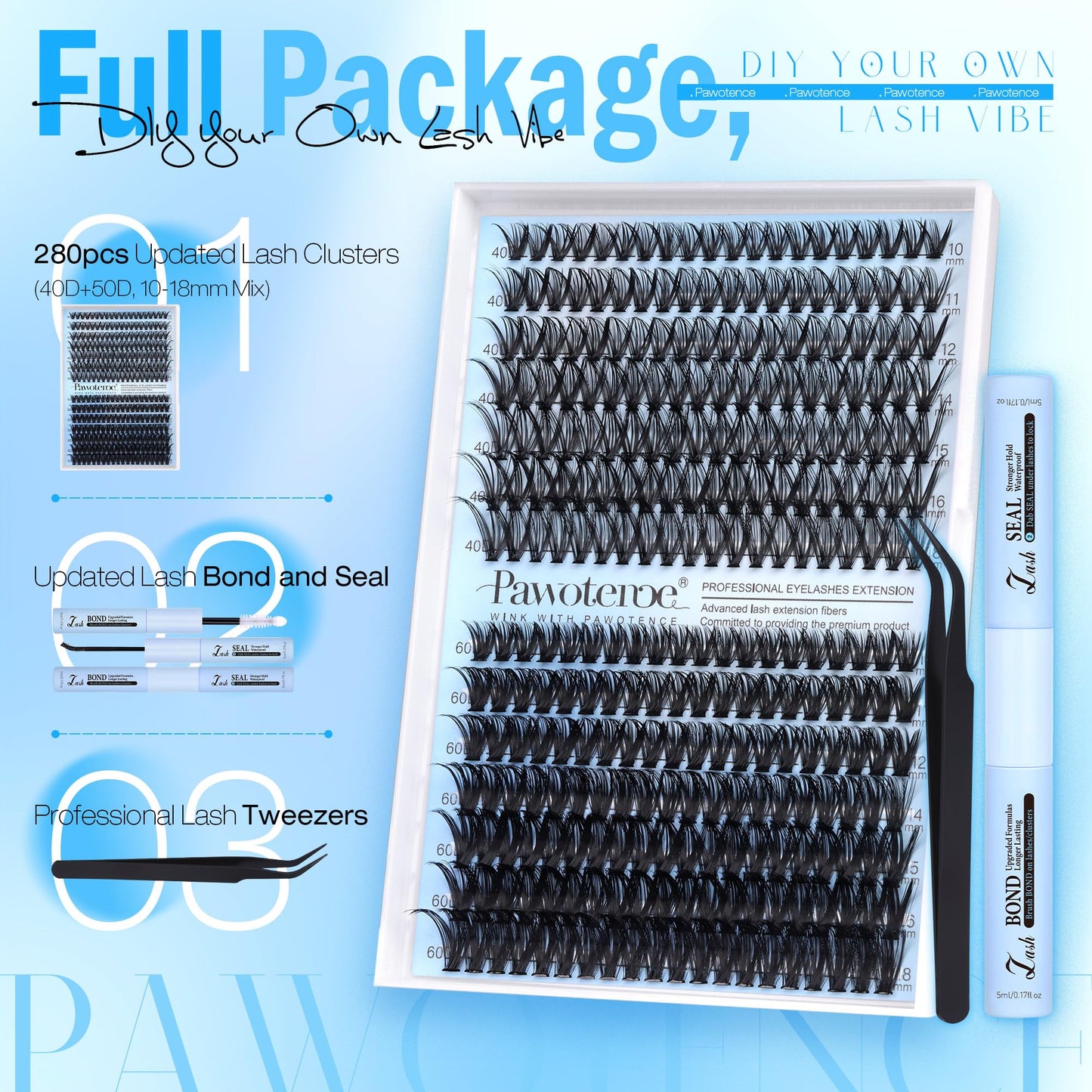 Pawotence Lash Clusters Kit 40D 60D Lash Extension Kit 10-18mm Cluster Eyelash Extension Kit Individual Lashes 280pcs Eyelash Clusters with Lash Bond and Seal, Lash Tweezers for Self Use