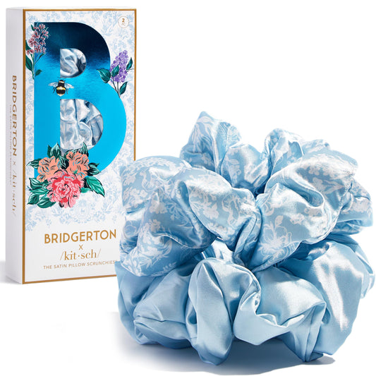 Bridgerton x Kitsch Satin Scrunchies for Women, No Snag, No Tugging, Soft & Comfortable Scrunchies for Girls, Perfect for Day or Night - Toile De Blue