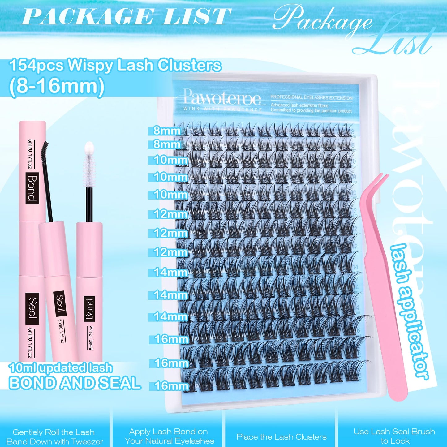 Pawotence Lash Clusters Kit Wispy Lash Extension Kit 8-16mm Natural Cluster Eyelash Extension Kit Individual Lashes 154pcs Eyelash Clusters with Lash Bond and Seal, Lash Tweezers for Self Use
